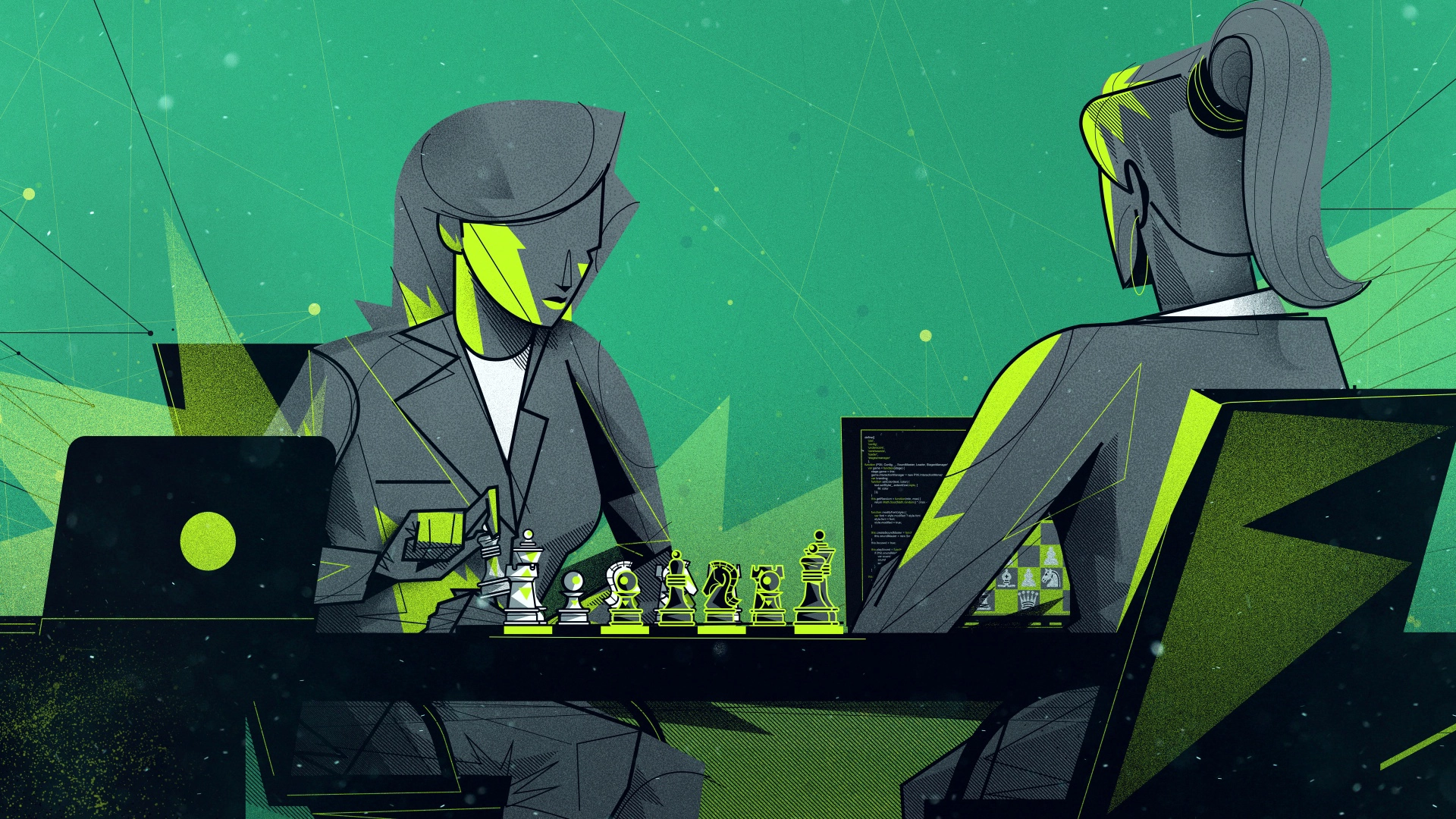 Two characters working at computers surrounded by neon green geometric elements.
