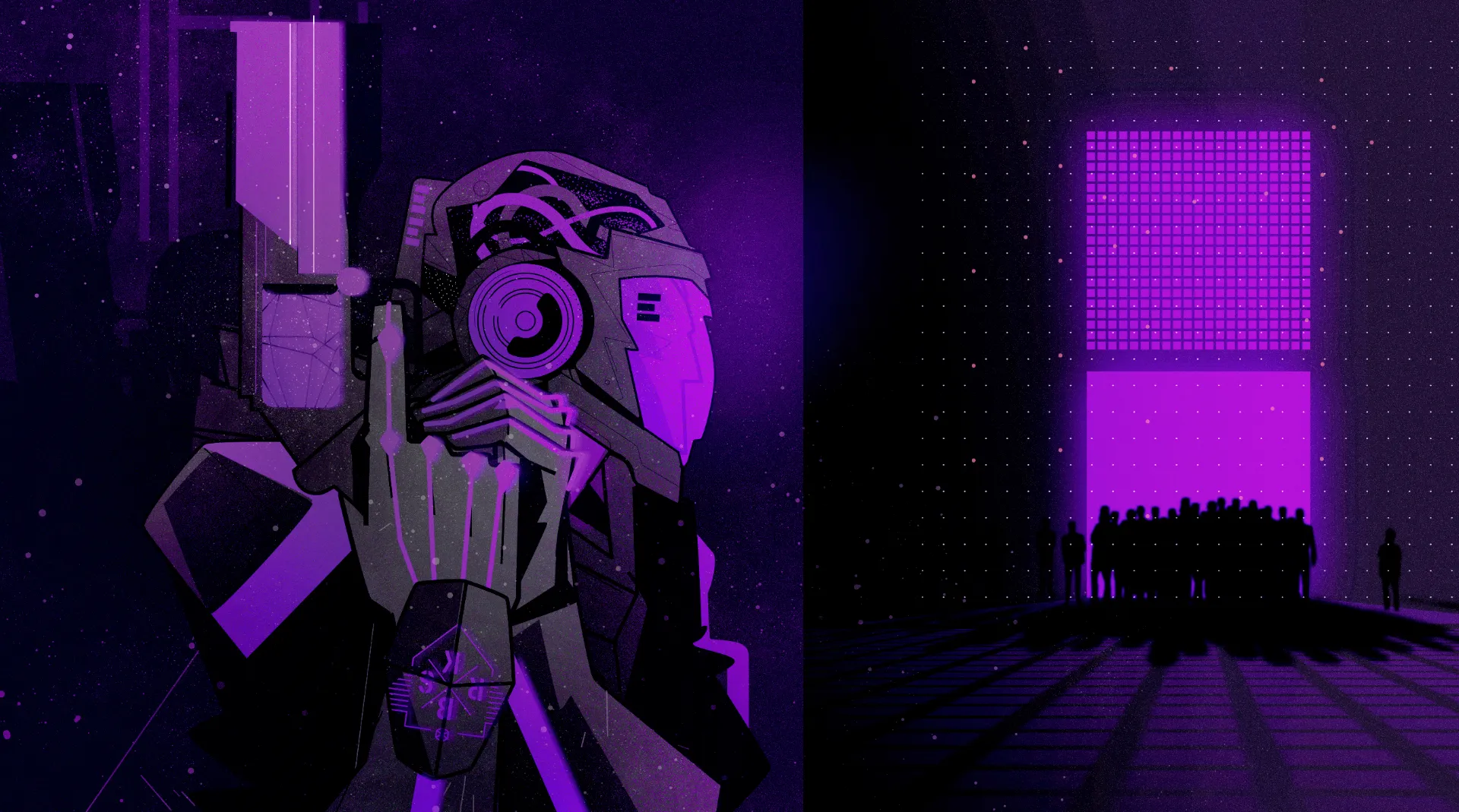 Futuristic illustration of a humanoid figure holding a weapon, standing in a digital landscape with glowing purple panels and distant silhouettes