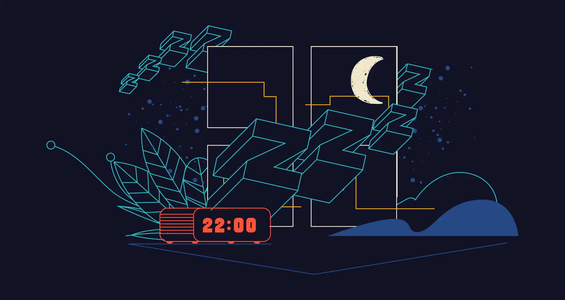 Digital alarm clock showing 22:00 with large floating "Z" symbols and a crescent moon, illustrating sleep hygiene and bedtime routines.