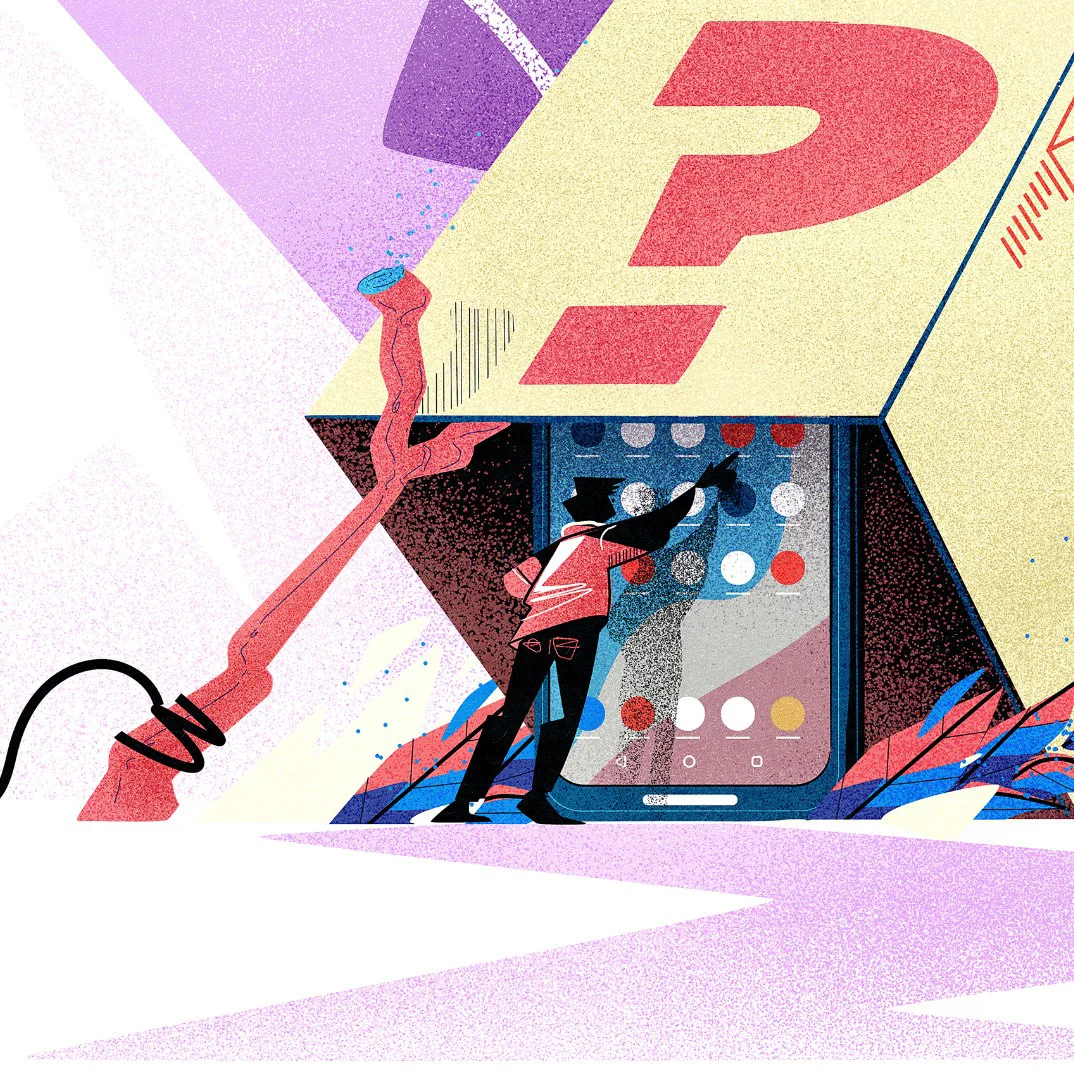 Conceptual illustration of a person pulling a cable connected to a large question mark emerging from a device, representing uncertainty, inquiry, and digital problem solving.