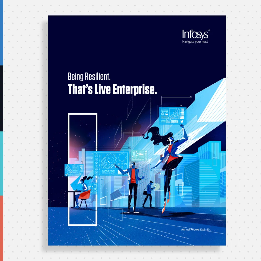 Infosys editorial illustration representing organizational resilience, collaboration, and advanced technology in a modern enterprise cityscape.