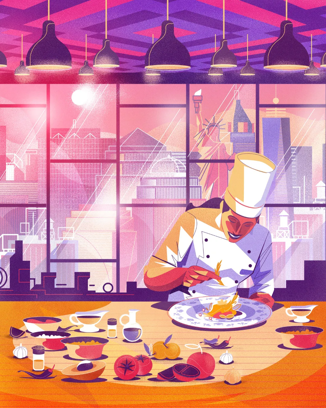 Illustrated book cover for Geografia 8 from the Geração Alpha collection, featuring a chef preparing food with a city skyline in the background, representing cultural geography and urban economy.