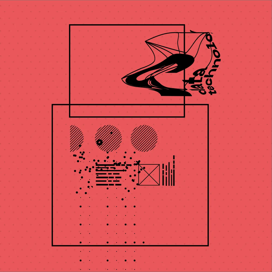 red abstract layout with overlapping black frames, dots, charts, and distorted organic shape referencing data visualization and system structure