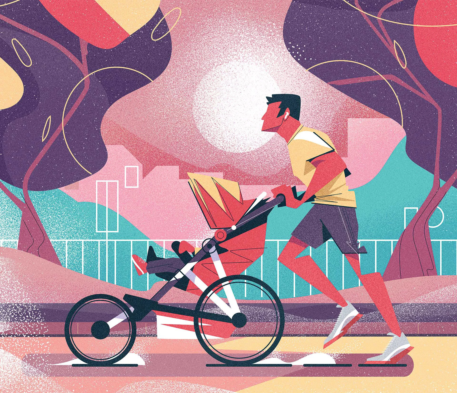  Illustration of a man running while pushing a baby stroller through a park at sunset, depicting parenthood, movement, and everyday urban life.