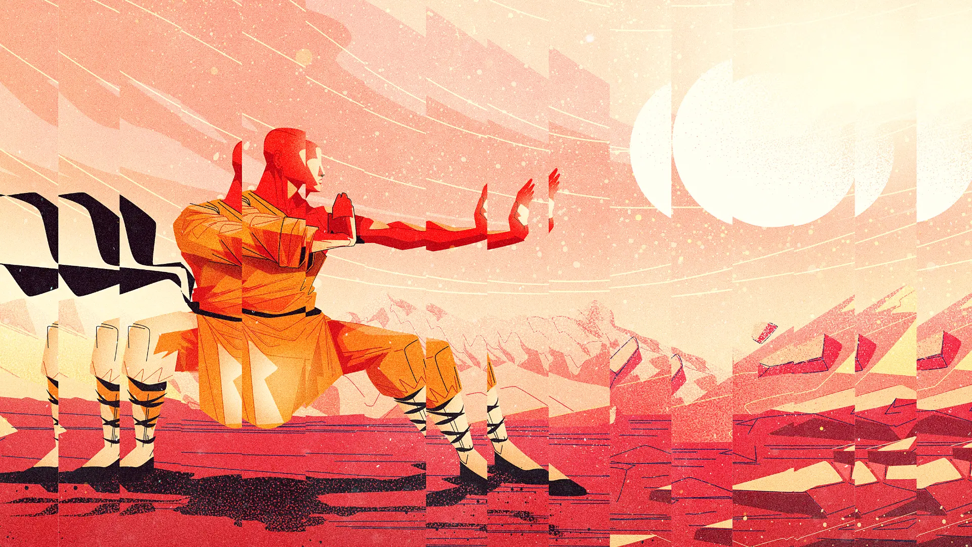 Stylized illustration of a martial artist in an orange outfit performing a kung fu stance with multiple trailing images evoking motion.