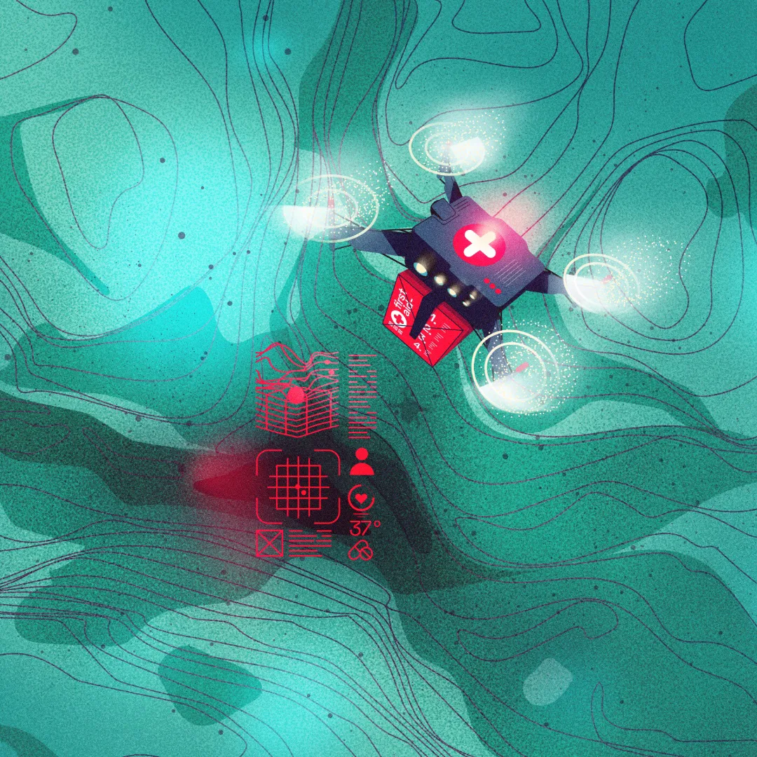 Top view illustration of a medical drone carrying a first aid kit over a green topographic map background with data UI.