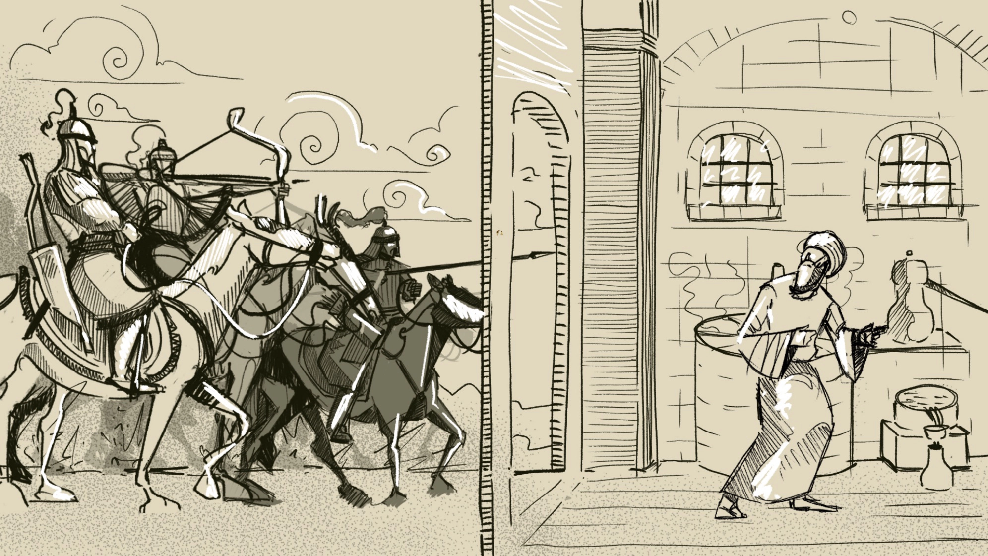 Sketch of Baijiu workers inside a detailed architectural interior.