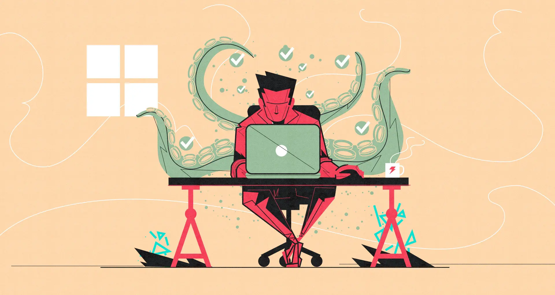 Illustration of a person working intensely at a laptop with green octopus tentacles emerging from behind them, symbolizing multitasking and productivity.