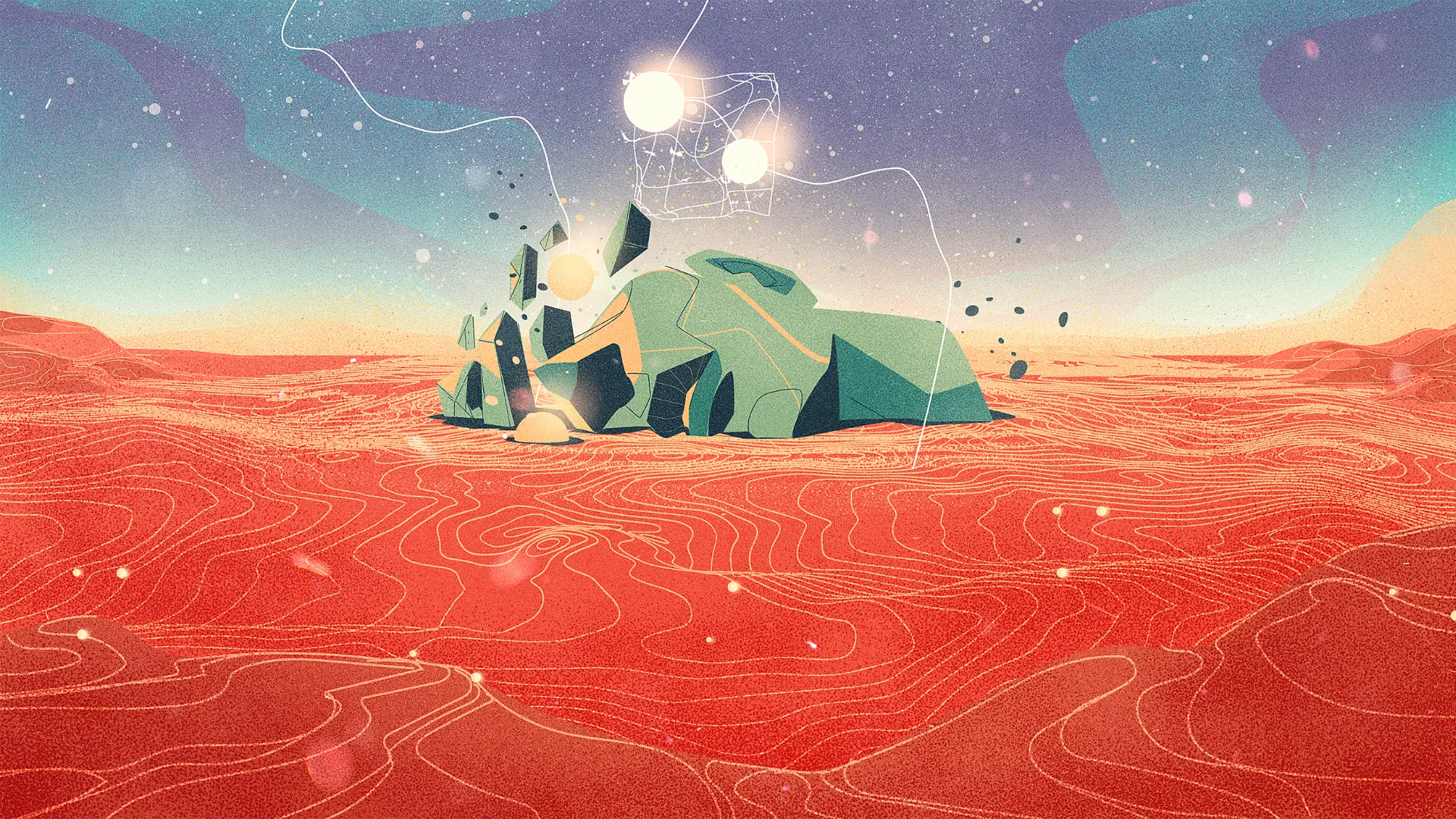 Abstract landscape with red terrain featuring contour lines and floating green geometric rocks emitting glowing orbs under a starry sky.