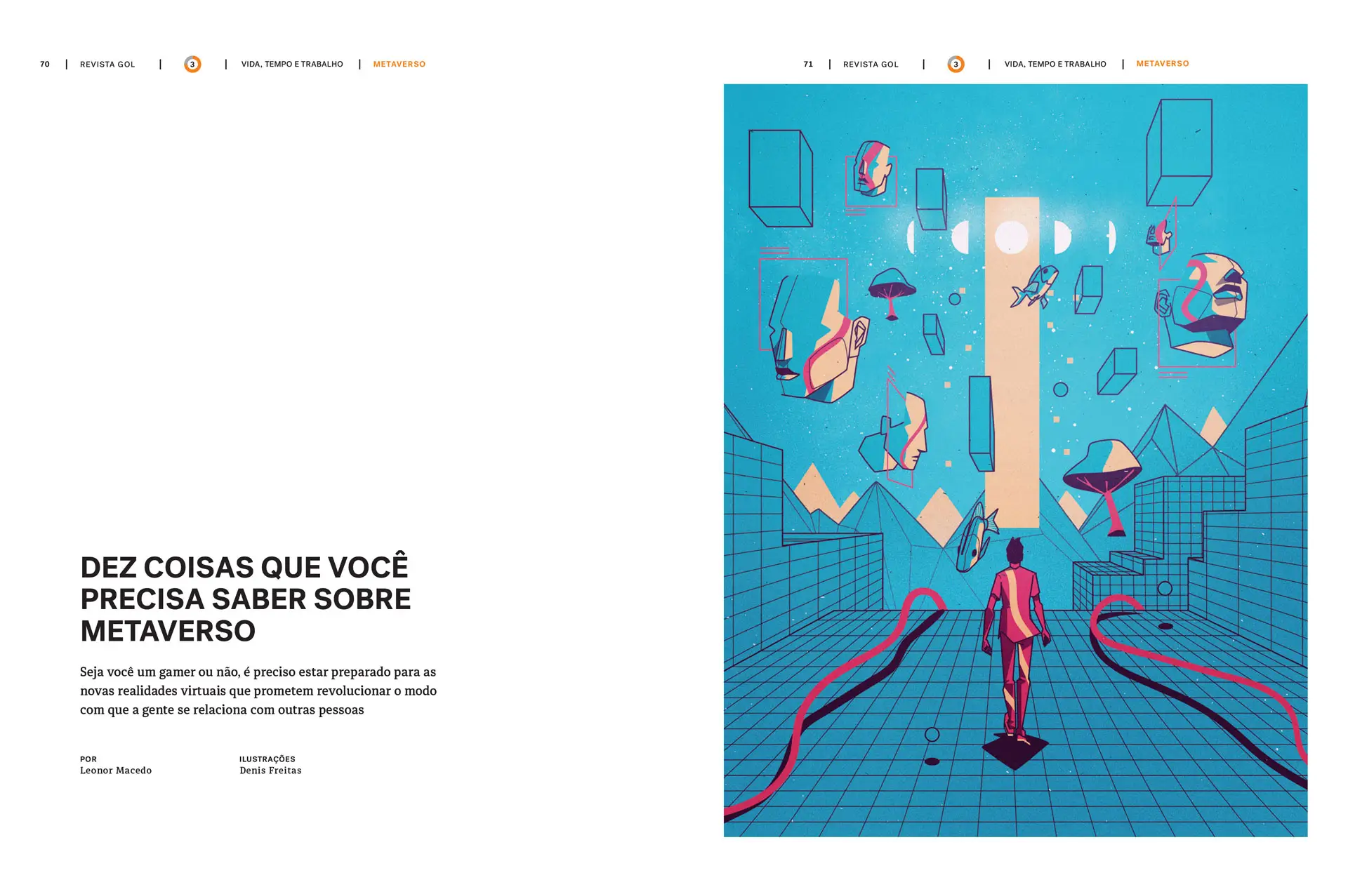 Magazine spread with text about ten things to know about the metaverse in Portuguese on the left and an abstract digital illustration on the right showing a person walking in a grid-like virtual space surrounded by floating geometric shapes, faces, mushrooms, and fish against a blue background.