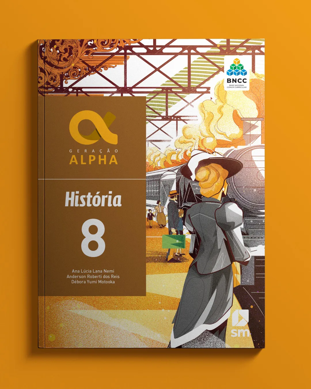 History illustration depicting the industrial revolution with a steam train, iron structures, smoke, and travelers in a historical railway environment.