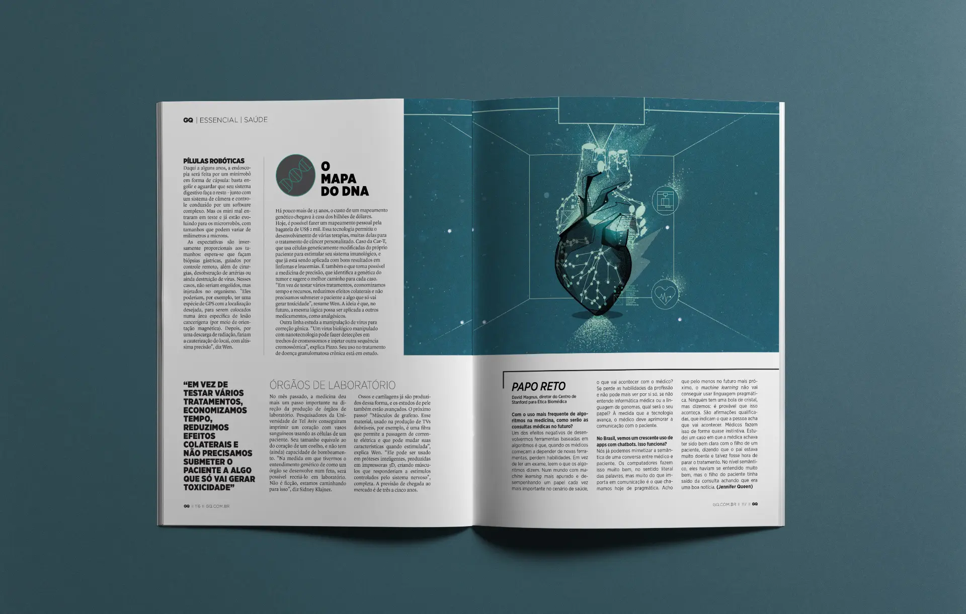 Interior editorial spread from GQ magazine showing a stylized anatomical heart combined with digital interfaces, representing biotechnology and health innovation.