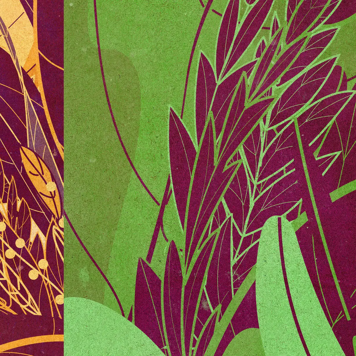 Abstract botanical artwork featuring stylized purple and green overlapping leaves with textured background.