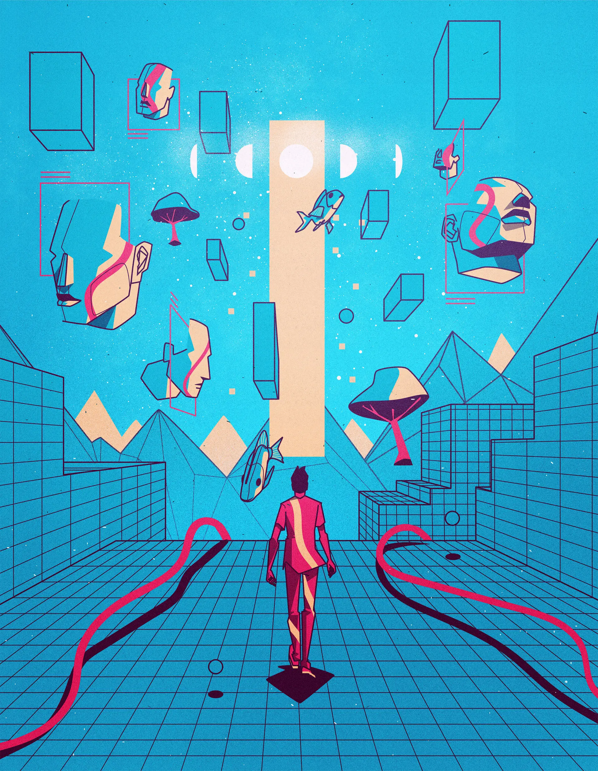 Abstract digital art of a person walking toward a glowing vertical rectangle with floating geometric shapes, faces, fish, and mushrooms against a blue grid and pyramid landscape.