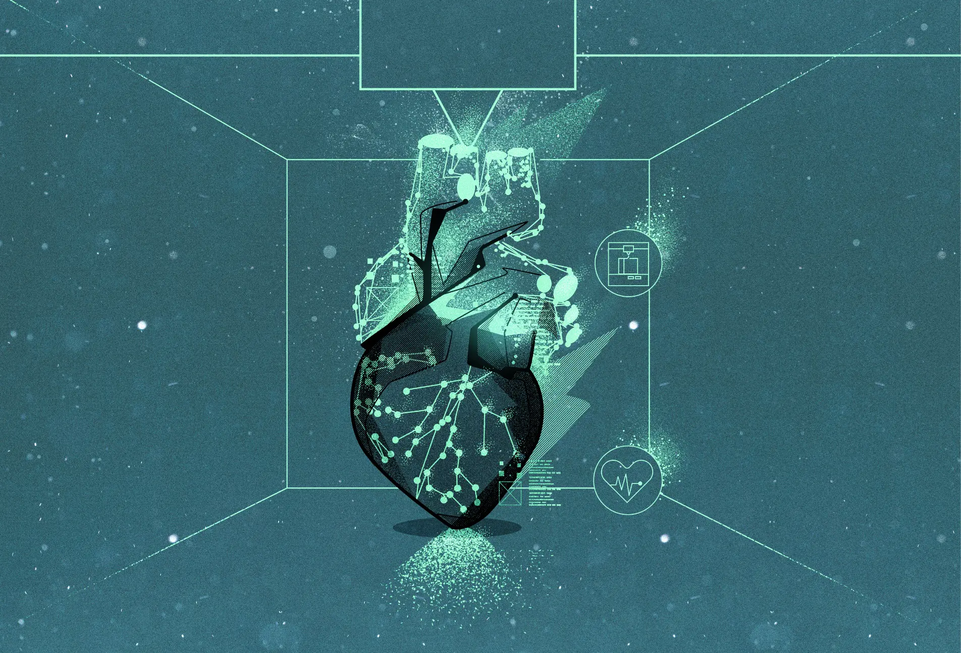 Stylized digital hand with biometric patterns and data overlays, representing human augmentation, technology, and the future of medicine.