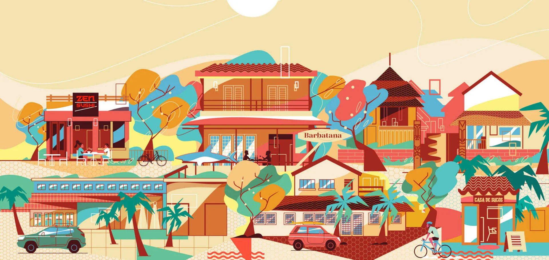 Colorful panoramic illustration of a Brazilian neighborhood with houses, trees, bicycles, cars, and local businesses, depicting everyday life and community.