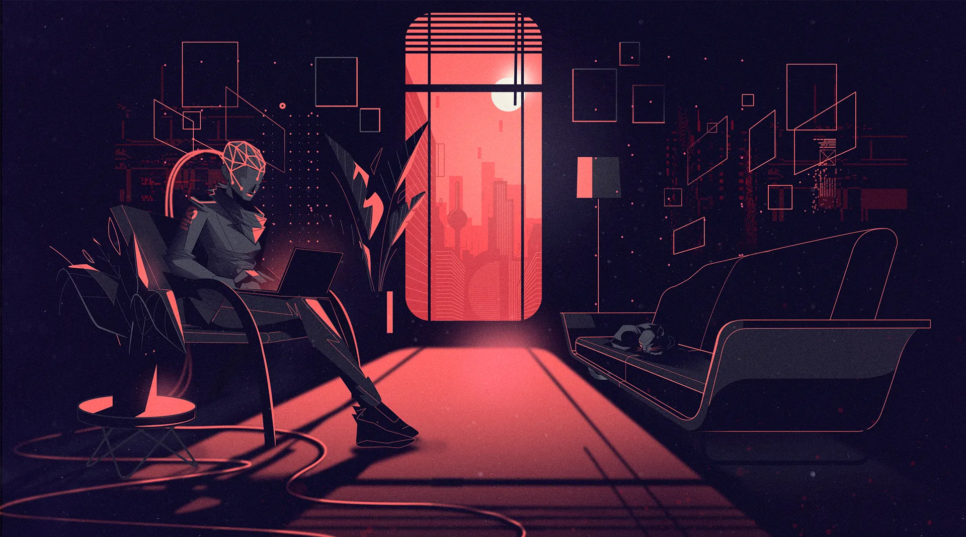 Cyberpunk illustration of a solitary futuristic figure working on a laptop in a dark room, illuminated by red light and floating interface elements