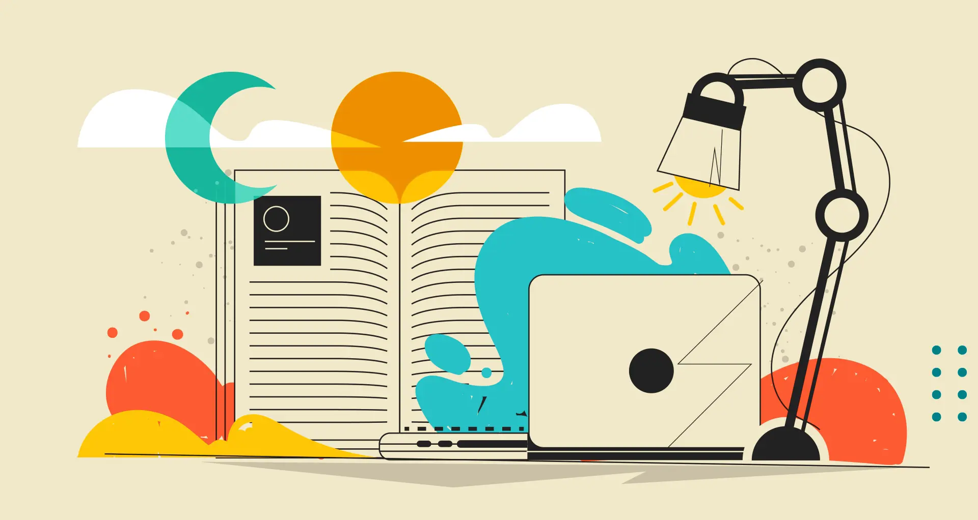 Conceptual graphic of an open book, a laptop, and a desk lamp under a sun and moon, representing the balance between study, work, and rest.