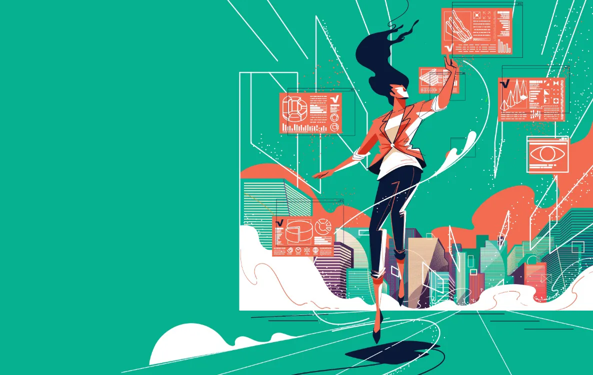 Futuristic illustration of enterprise intelligence with a professional interacting with data-driven interfaces and analytics panels, representing live enterprise and digital strategy.