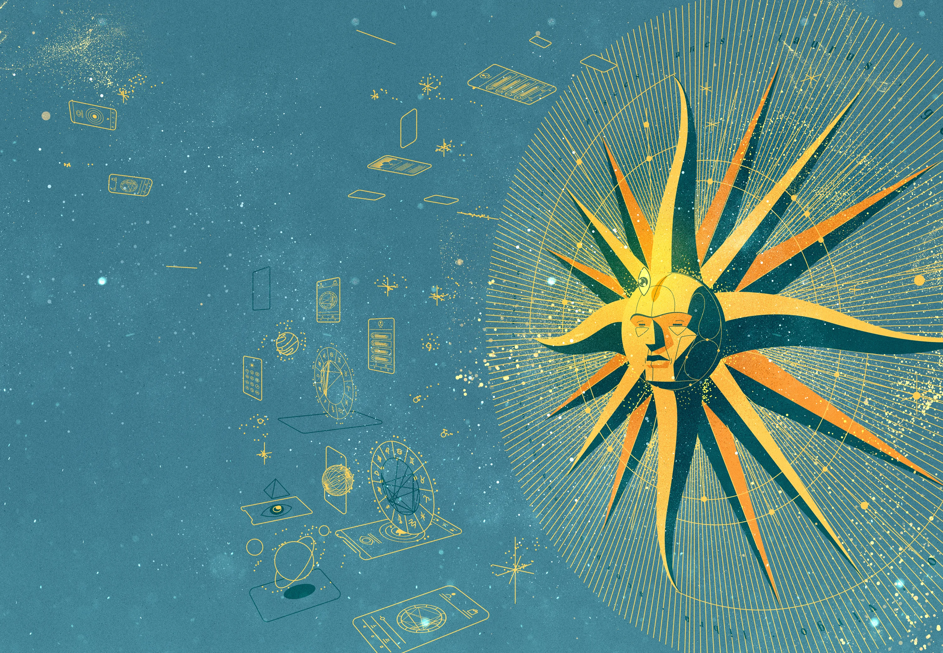 Sun-inspired digital illustration exploring astrology and technology for GQ Brazil.