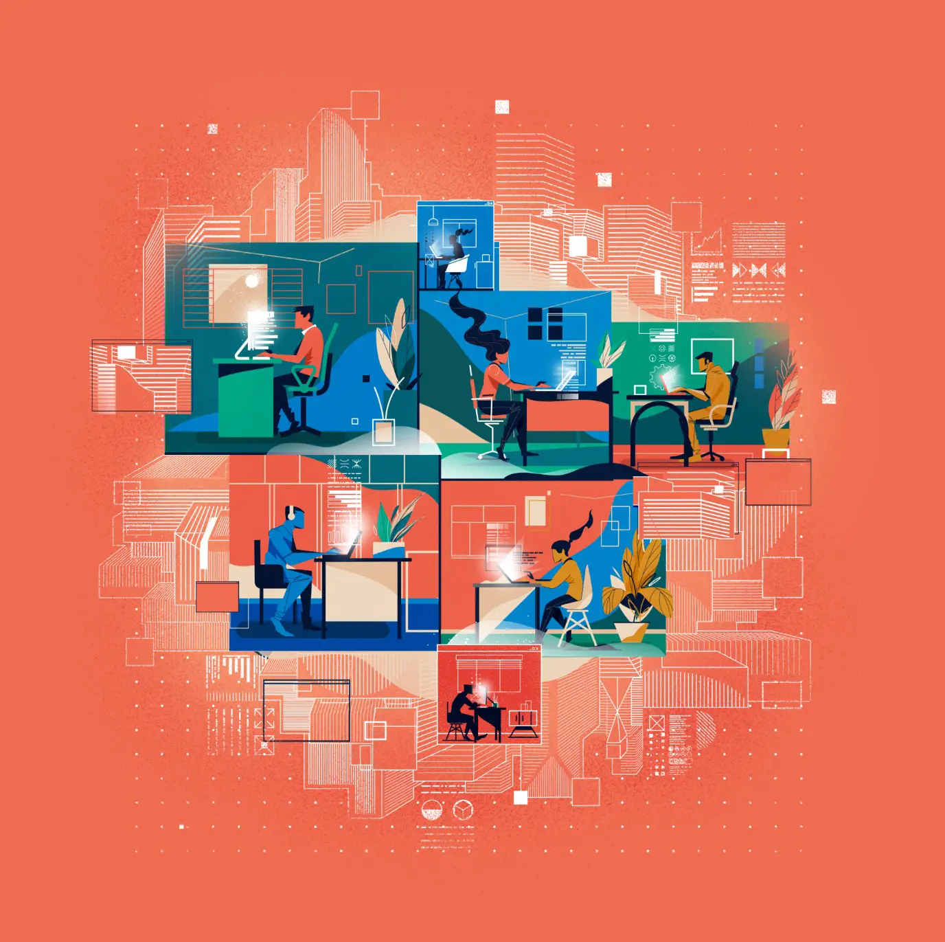Illustration of six people working on computers in separate colorful office cubicles with a cityscape background.