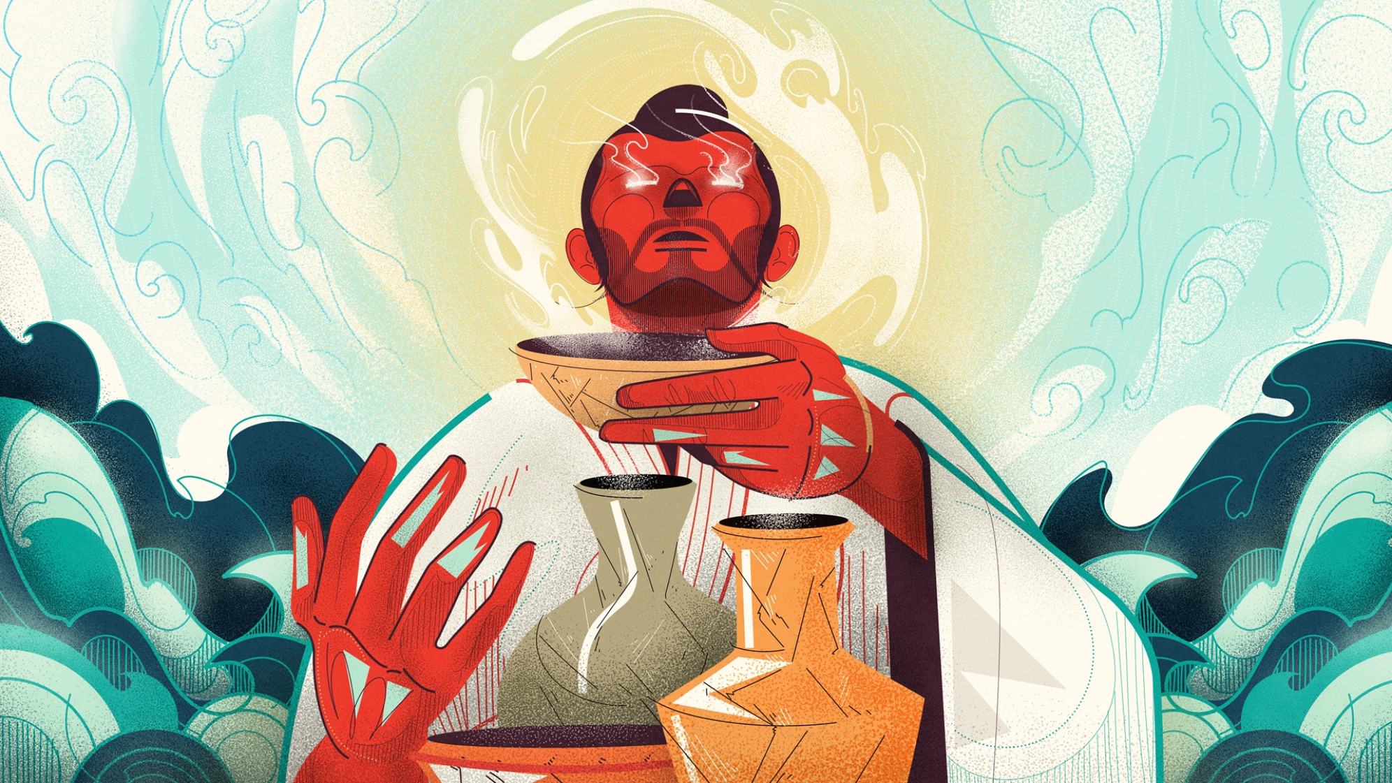 Illustration of a monk-like figure holding a Baijiu vessel with clouds behind him.