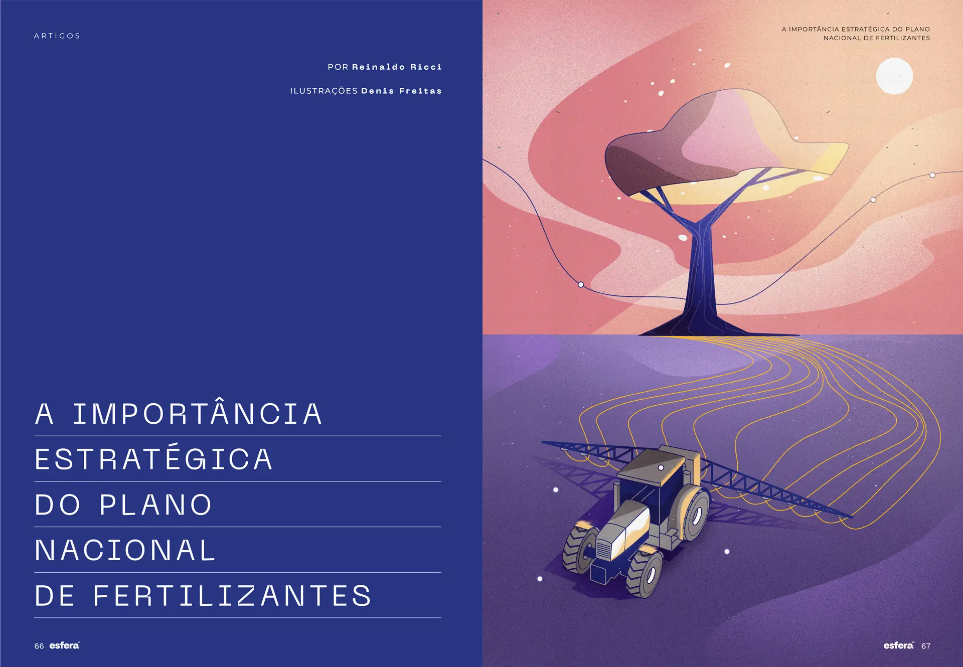 Illustrated article cover showing a tractor spraying fields under a large stylized tree with a sunset or sunrise background, titled 'The Strategic Importance of the National Fertilizer Plan' in Portuguese.