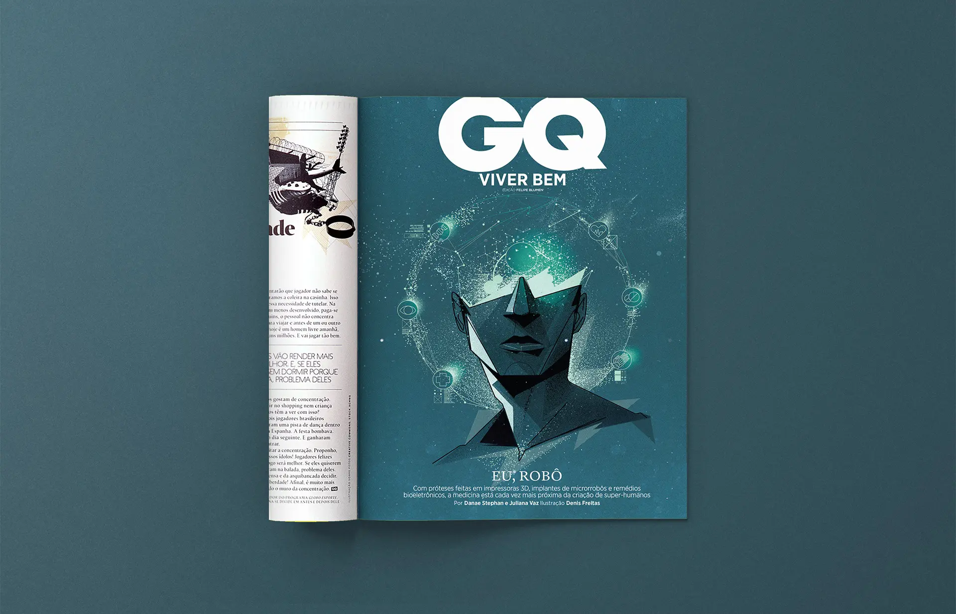 GQ magazine cover featuring a geometric human face surrounded by medical and digital interface icons, illustrating the relationship between technology and human health.
