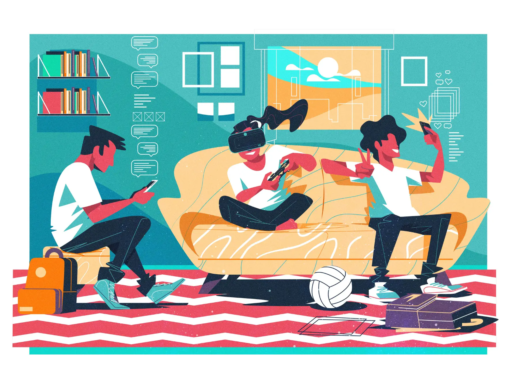 Three young people engaged with technology indoors: one sitting with a phone, another wearing a VR headset playing a game, and the third taking a selfie while making a peace sign.