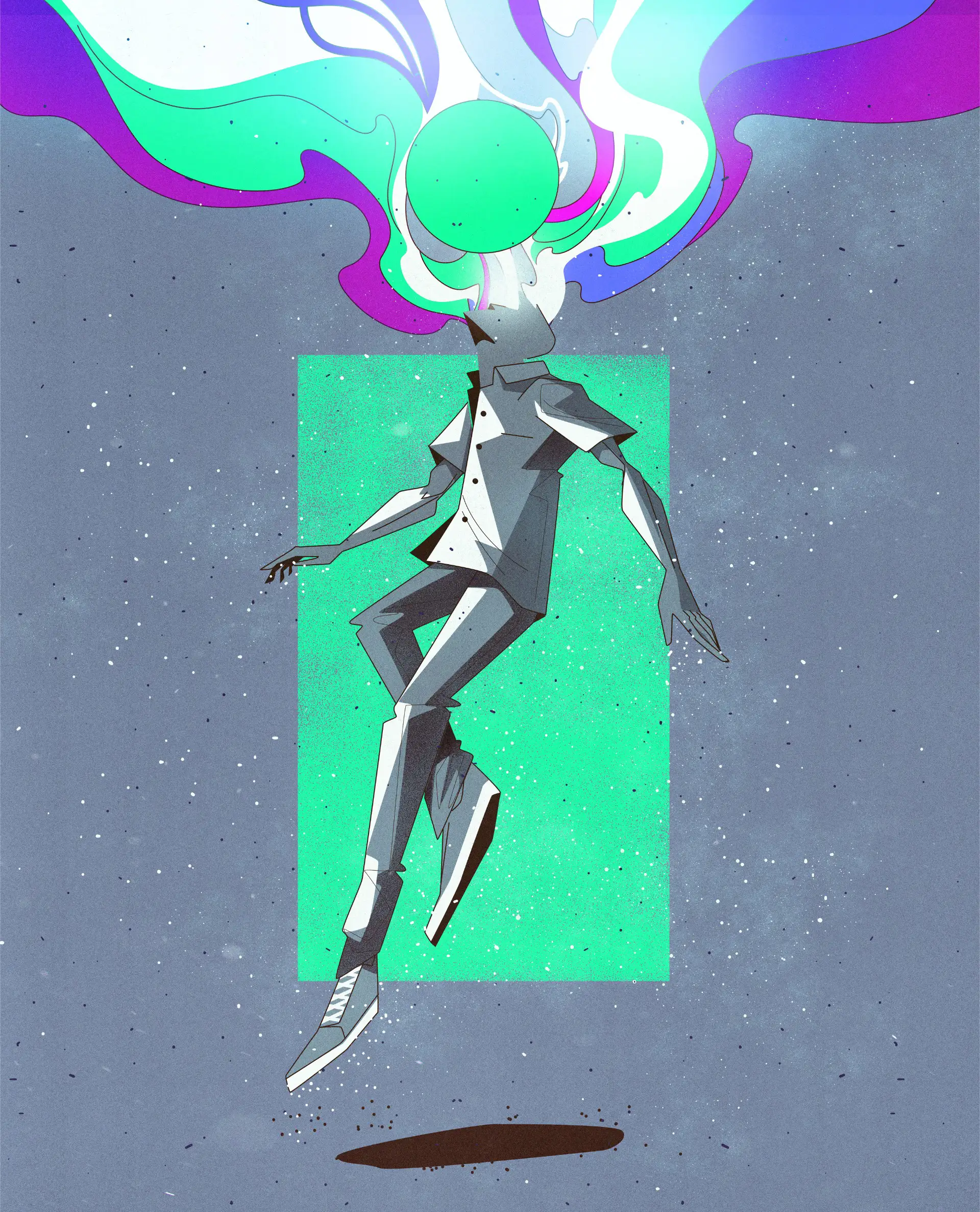 Stylized figure floating forward through a geometric space, head replaced by a glowing sphere releasing flowing colors, visualizing consciousness expansion as a state of weightlessness and inner flight.