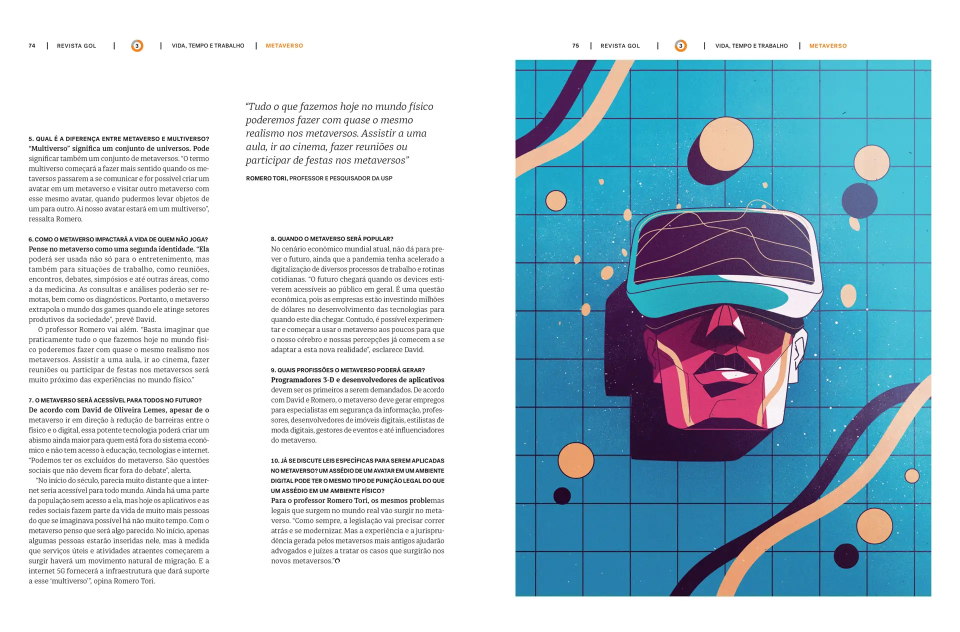 Double-page magazine spread with text about the metaverse on the left and a colorful stylized illustration of a person wearing a virtual reality headset on the right, set against a blue grid background with abstract shapes.