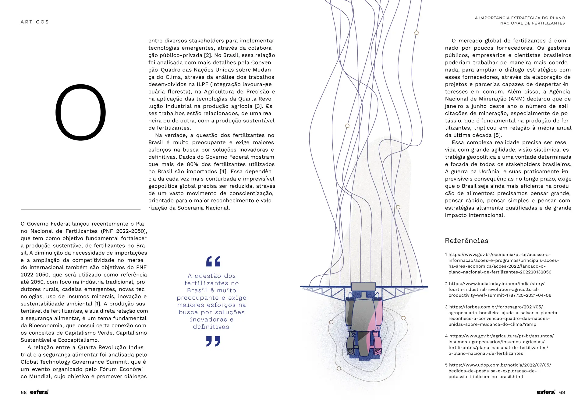 Two-page magazine spread in Portuguese discussing Brazil's fertilizer industry with an illustration of a tractor on topographic lines and a blue quote about fertilizer concerns in Brazil.
