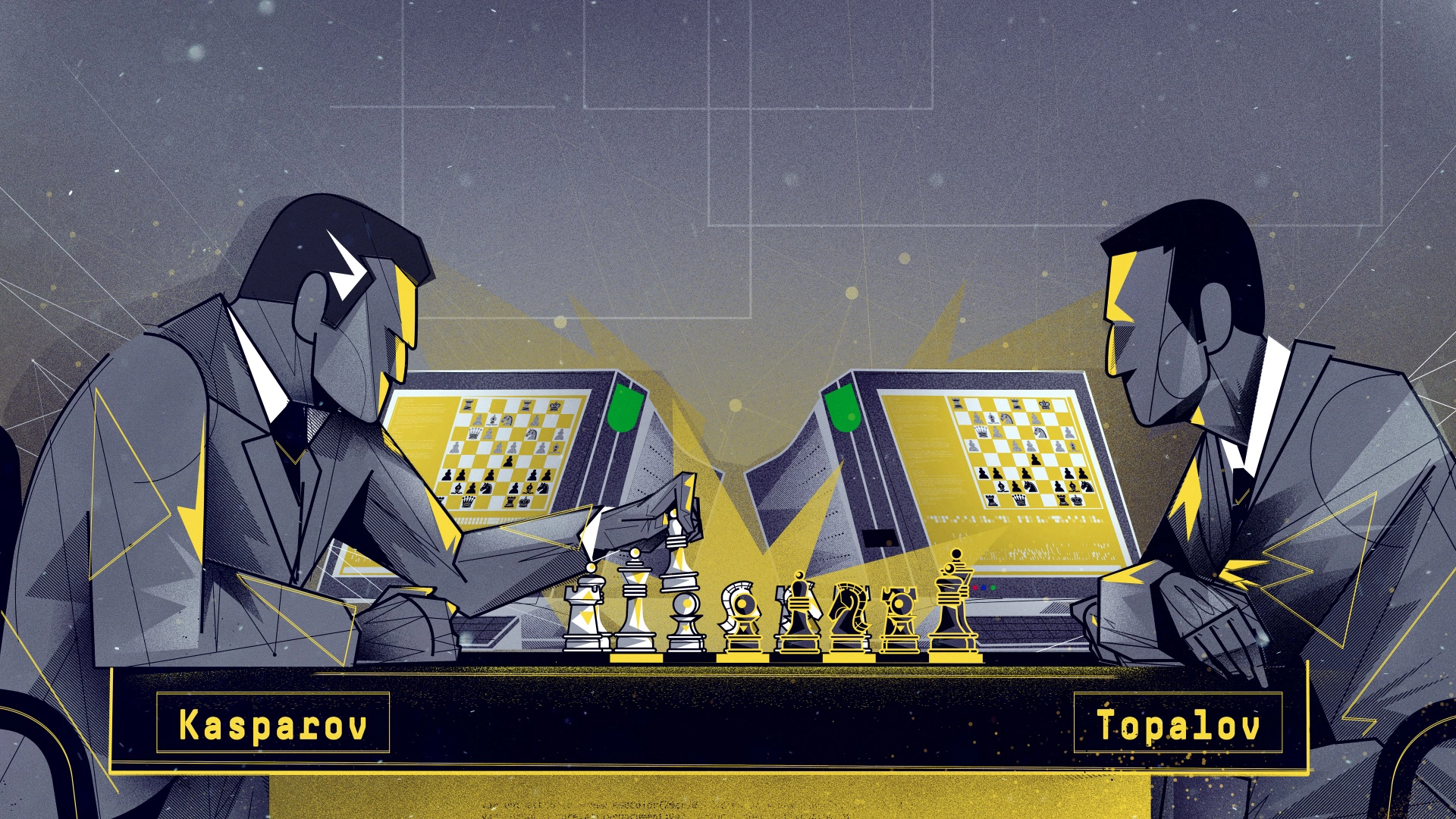 Two people seated at illuminated control panels in a conceptual technology interface.