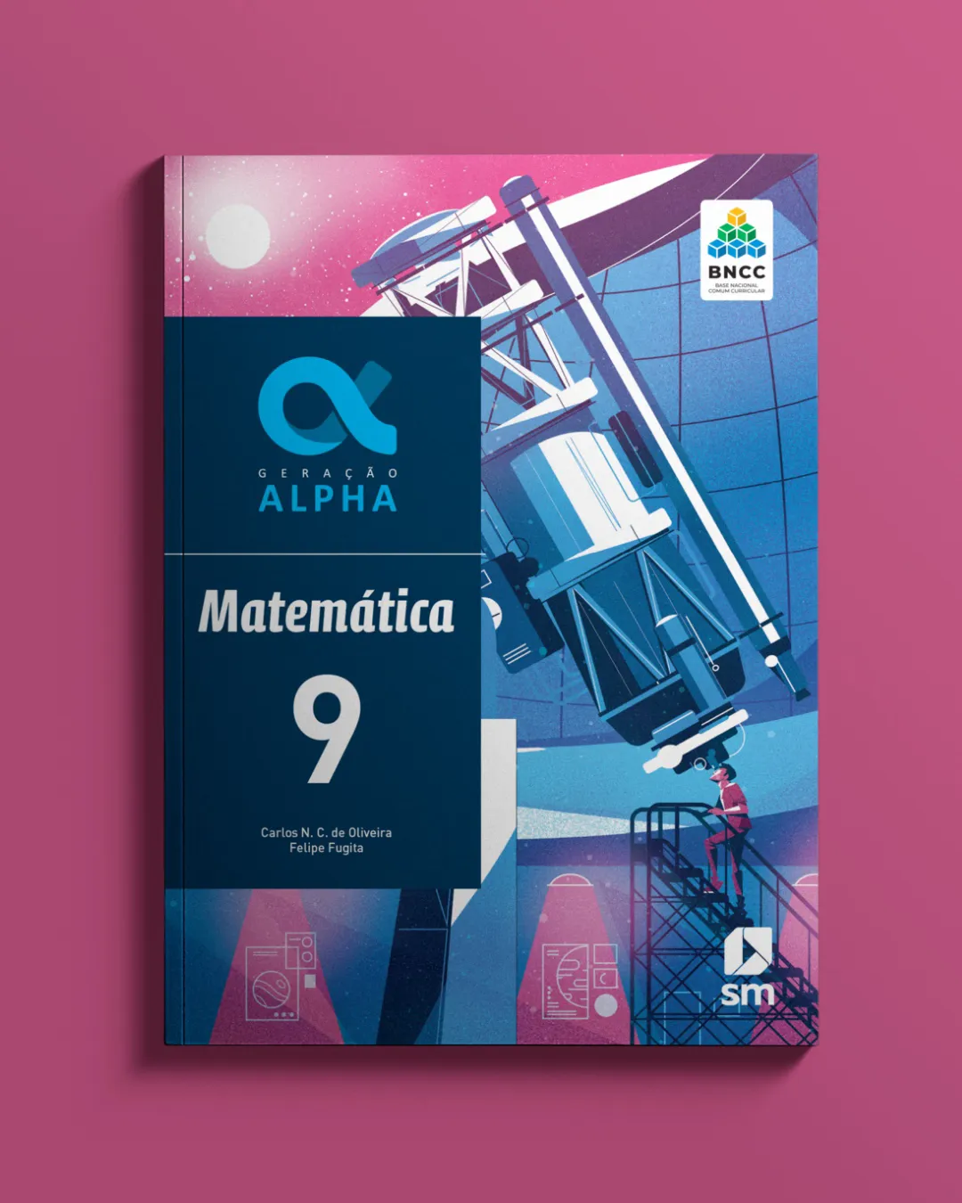 Grade 9 mathematics textbook cover illustration for the Geração Alpha collection, featuring a large observatory telescope and a student exploring scientific inquiry, geometry, and astronomical concepts
