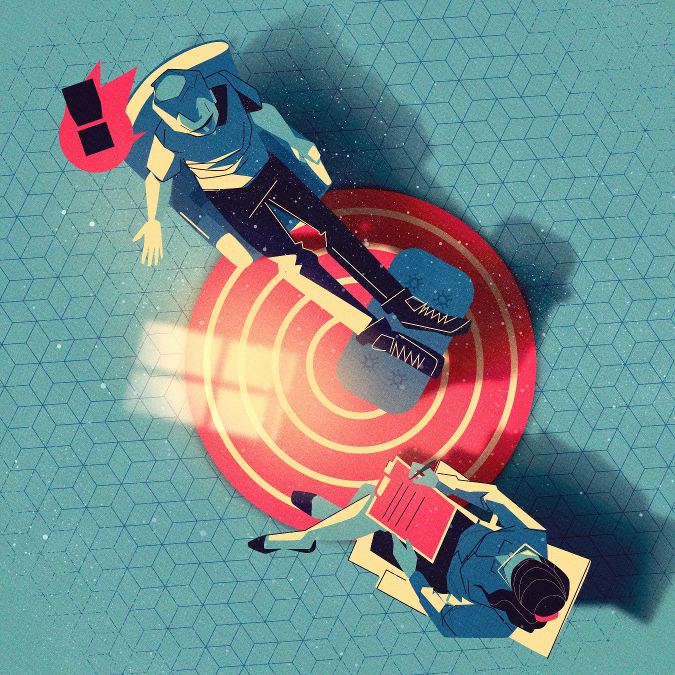 Overhead illustration of a person sitting on a target with another person holding a clipboard and taking notes.