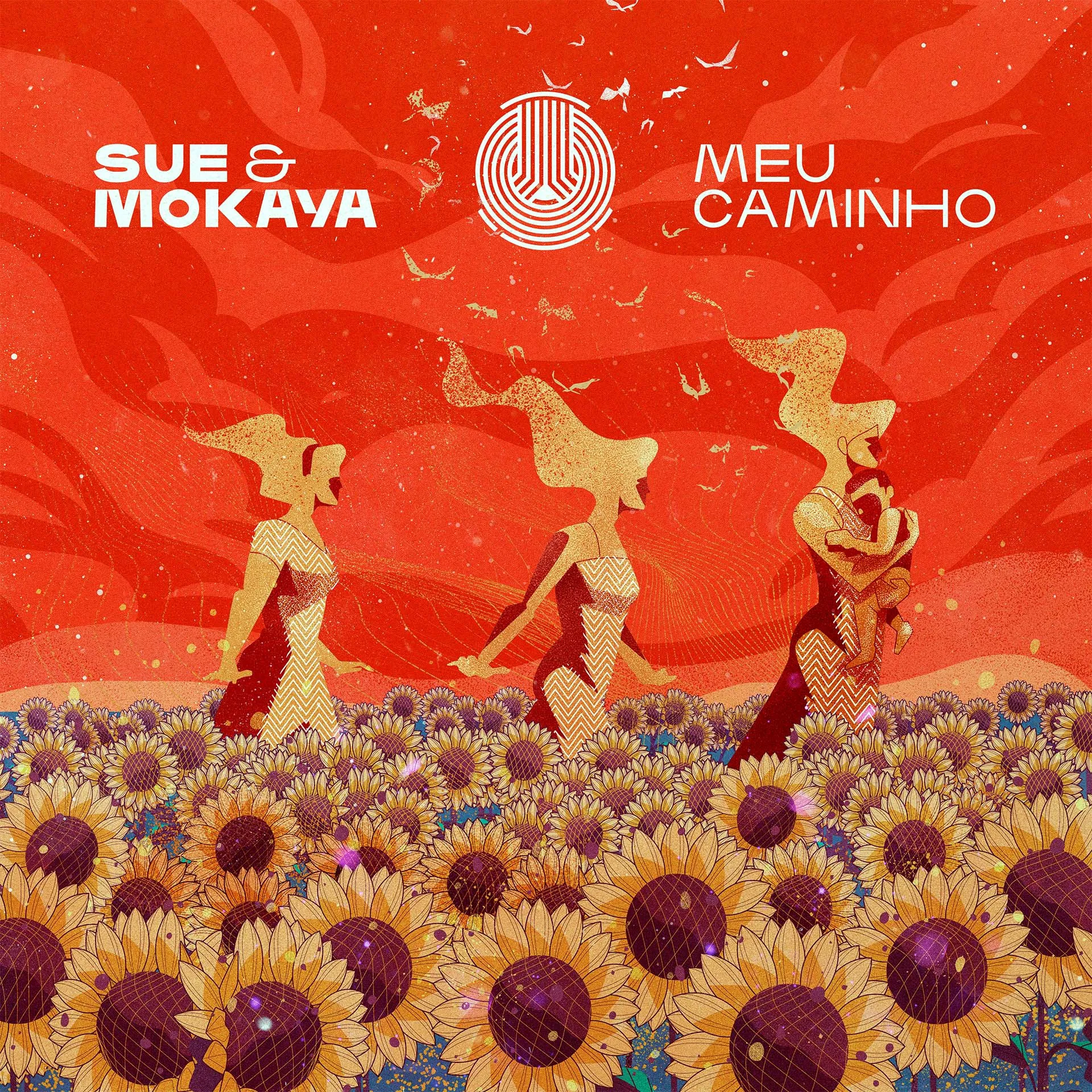 Illustration of three women walking through a field of sunflowers with a red swirling sky background, one woman holding a child.