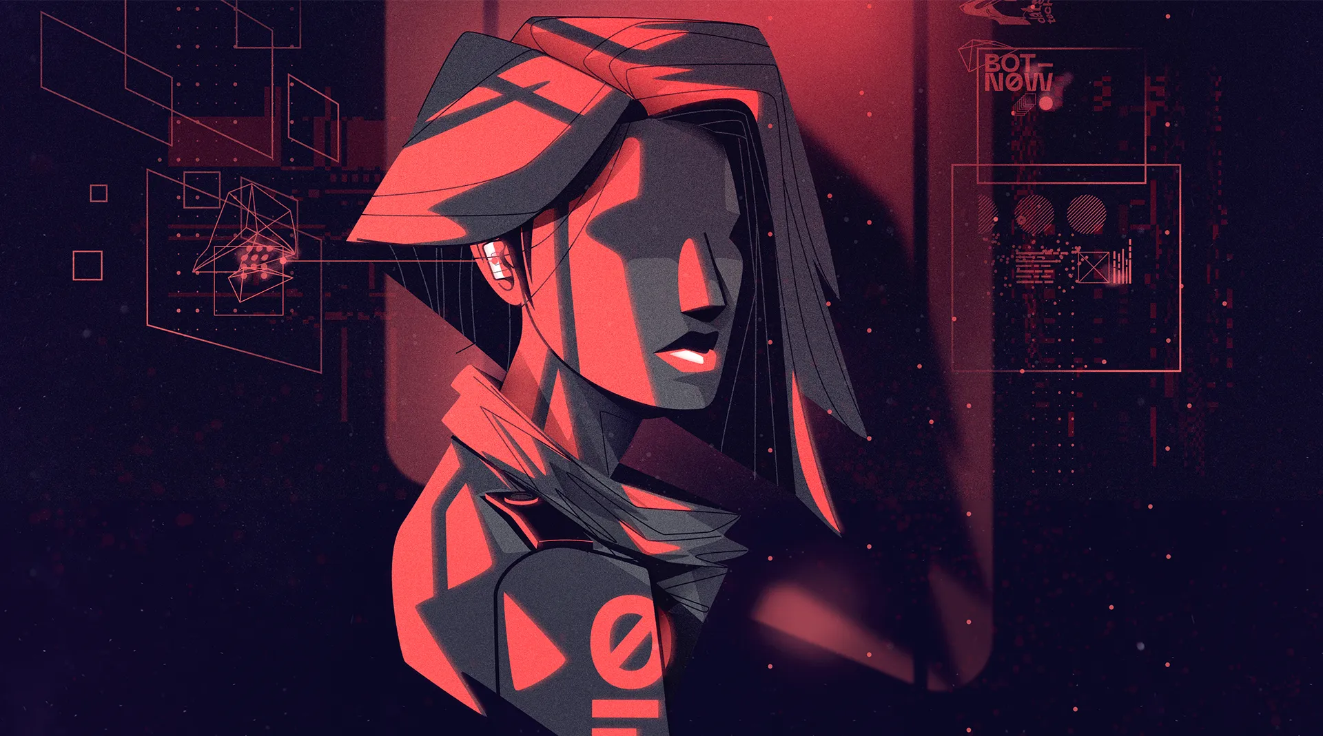 Stylized portrait of a futuristic character wearing a visor and angular clothing, rendered in red and dark tones with abstract digital overlays