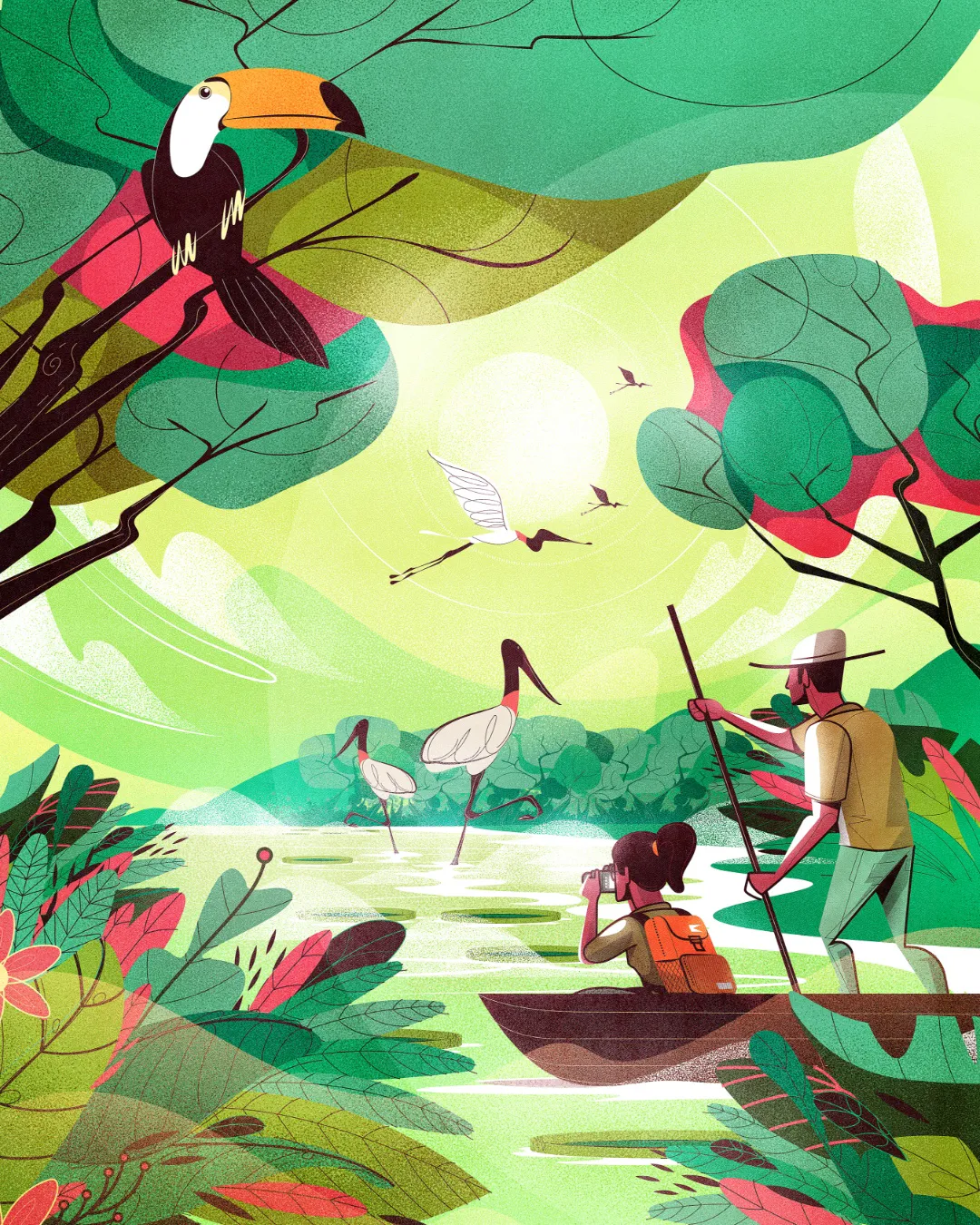 Science textbook cover illustration for Generation Alpha Grade 7, depicting wildlife observation in a wetland with birds, canoe exploration, and tropical nature