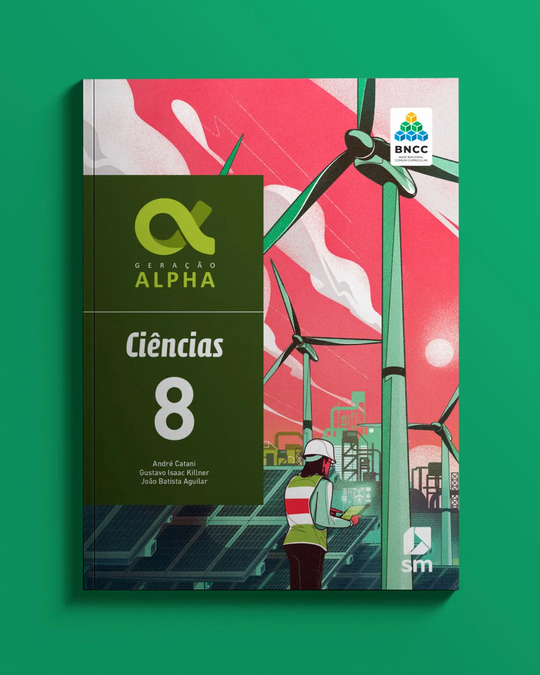 Illustration from Generation Alpha Science Grade 8 book, showing wind energy infrastructure and solar power systems, focused on sustainability and clean energy education