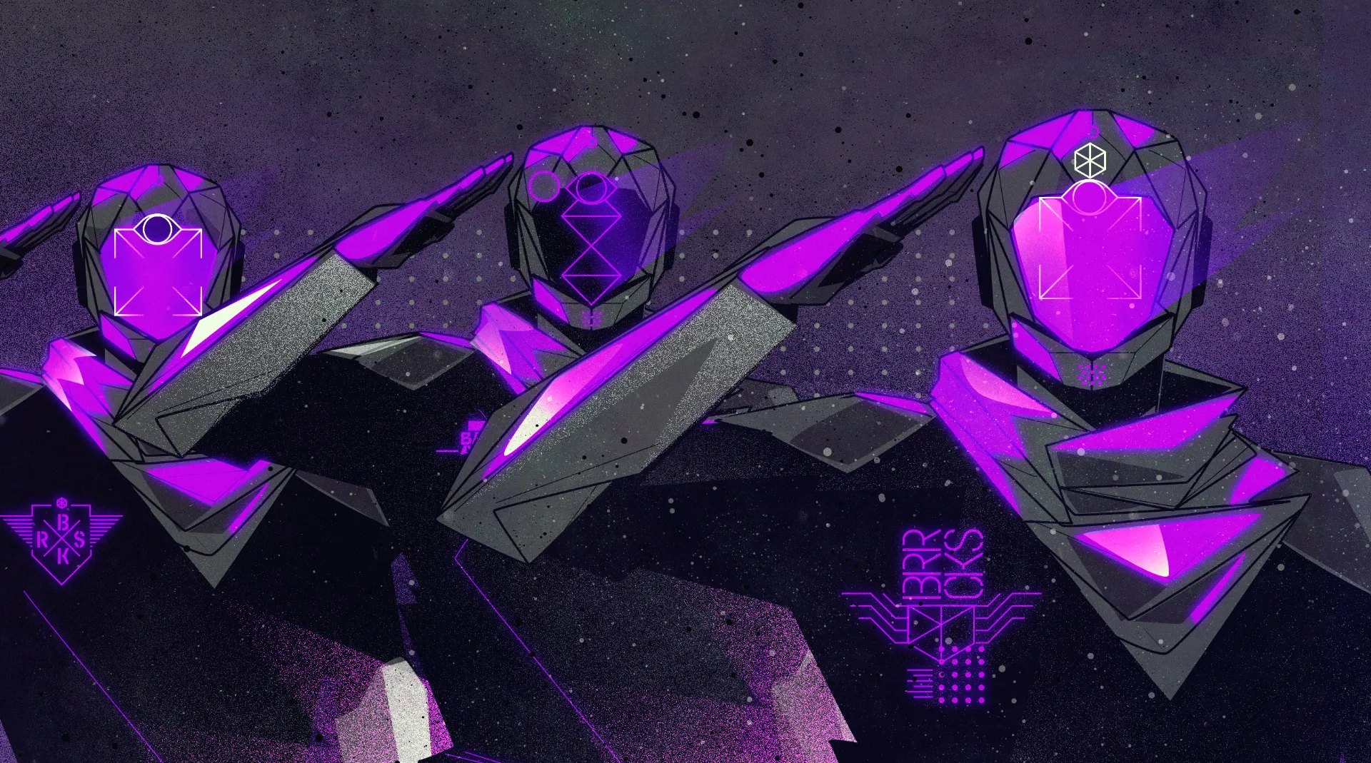 Futuristic illustration of three masked humanoid figures aligned side by side, rendered with angular shapes and neon purple highlights against a dark background