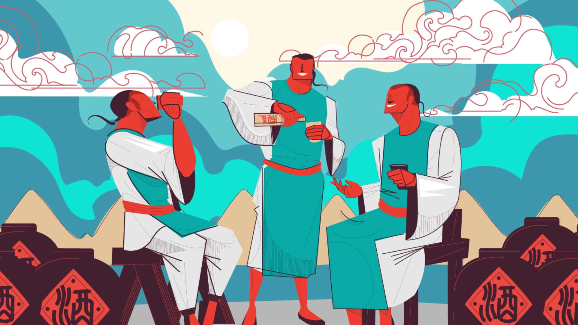 Illustration of a group of people celebrating Baijiu in a bright, open landscape.