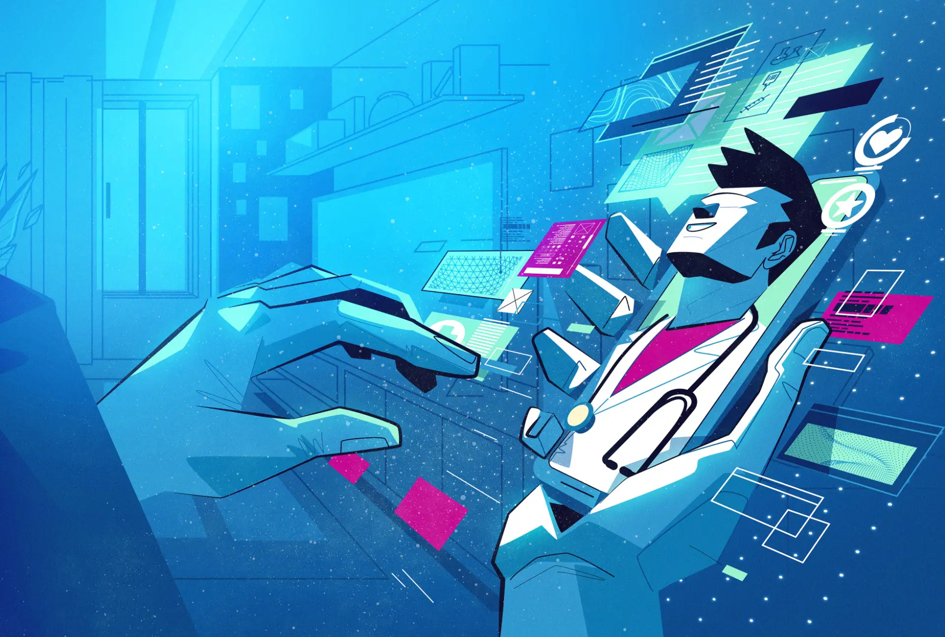 Illustration of large blue hands holding a mobile phone with a virtual doctor and floating healthcare icons around.