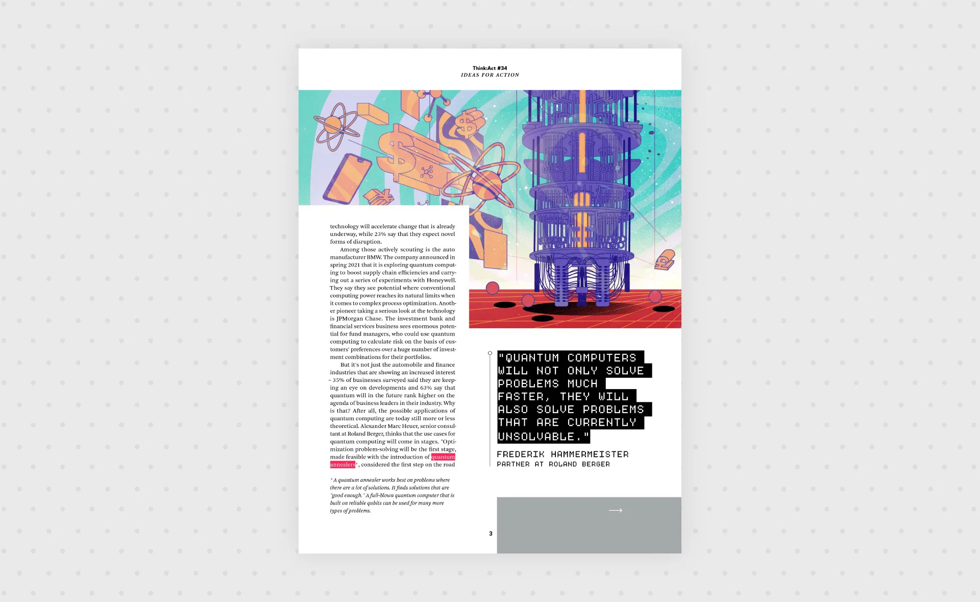 Double-page magazine spread featuring editorial illustrations about quantum computing.