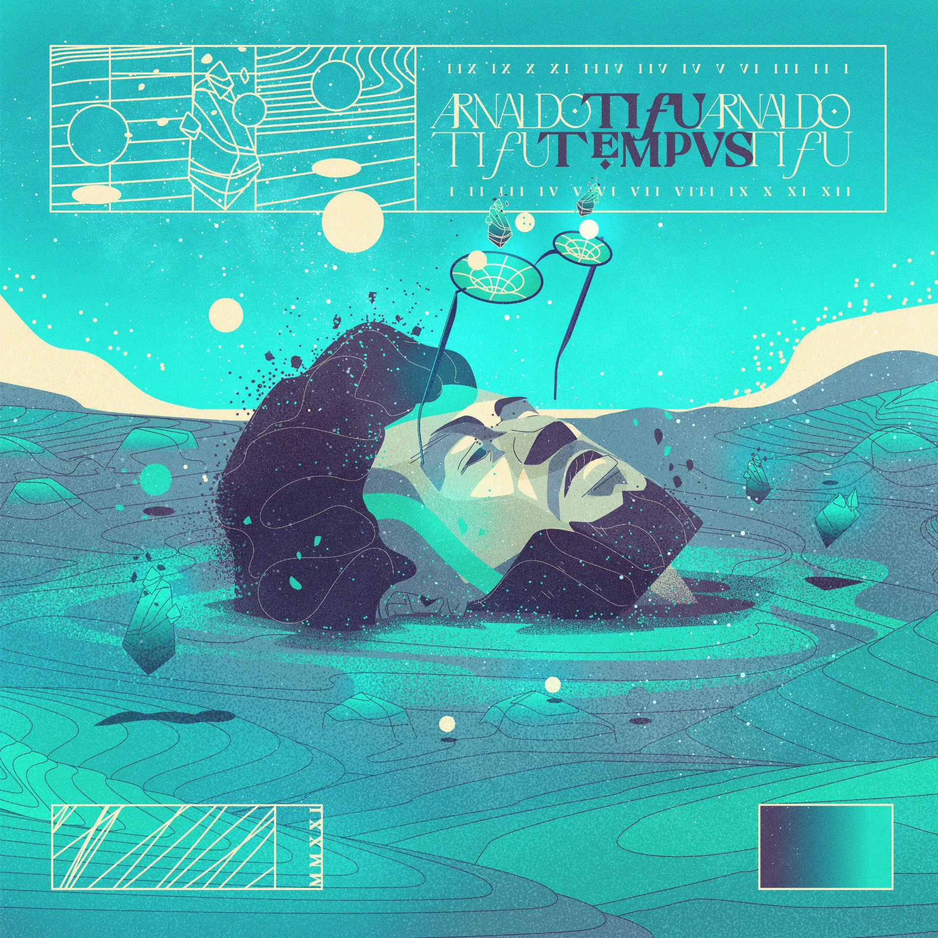 Surreal illustration of a man's head with eyes closed, floating in a fluid, abstract landscape with geometric patterns and floating crystals.