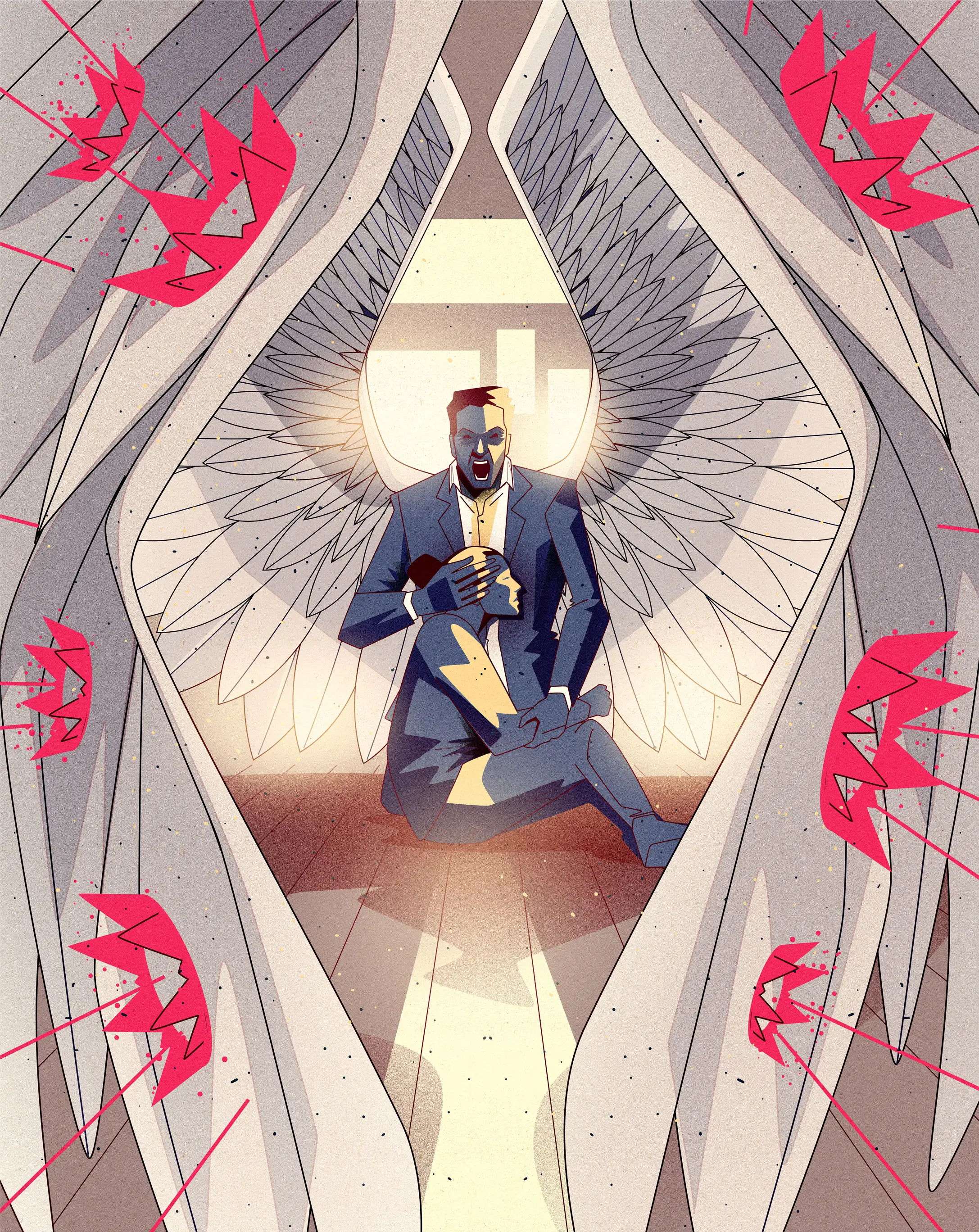 Illustration of a man in a suit with angel wings holding a grieving woman surrounded by large wings and red crowns.