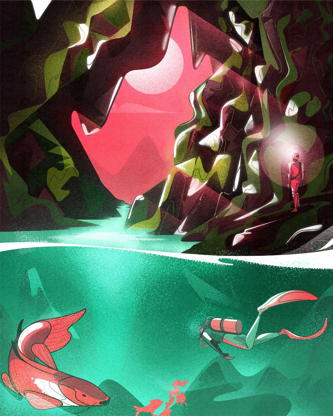 Science textbook cover illustration for Generation Alpha Grade 6, showing an underwater scene with a diver, fish, and a rocky cave, symbolizing exploration and natural sciences education