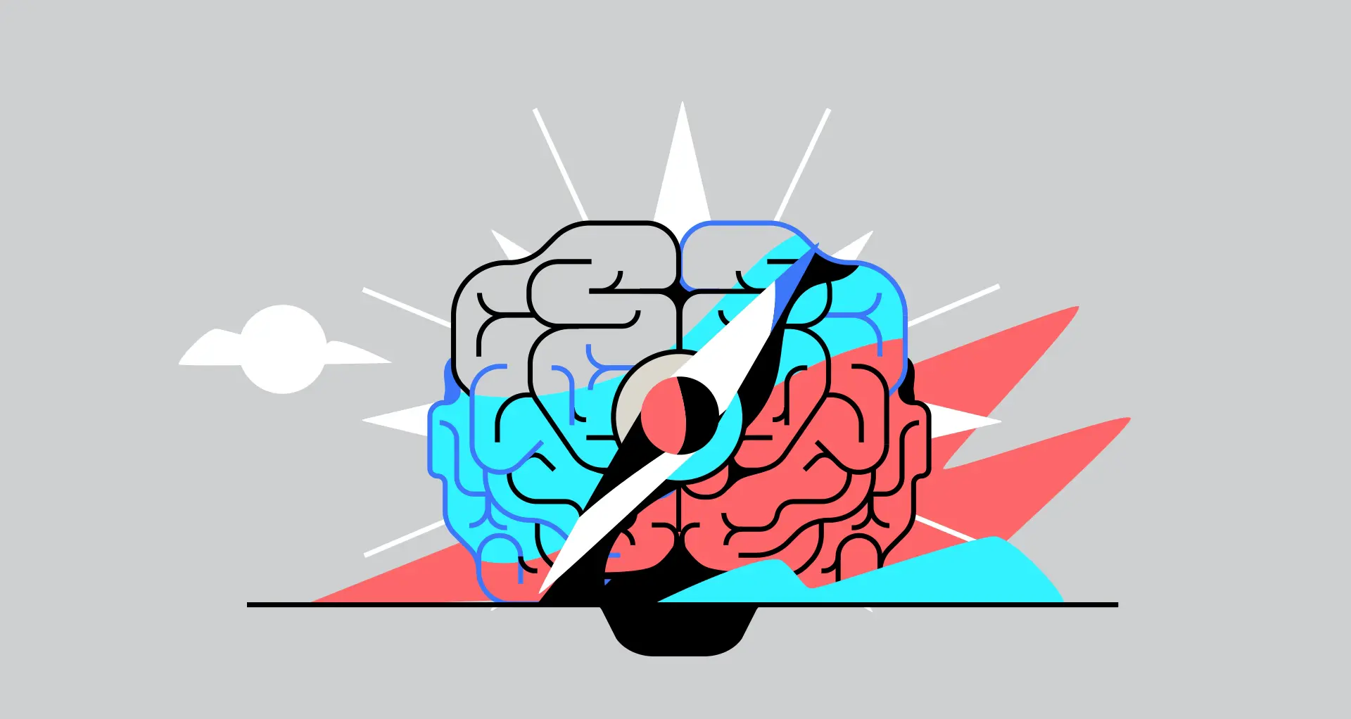 human brain superimposed with a compass needle, symbolizing mental direction, focus, and decision-making.