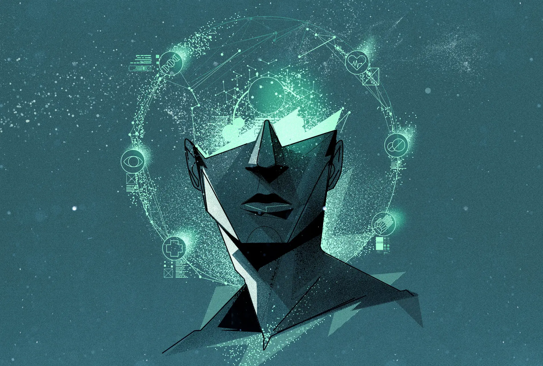 Abstract geometric human face surrounded by medical and technological symbols, representing the intersection of artificial intelligence, health, and human evolution.
