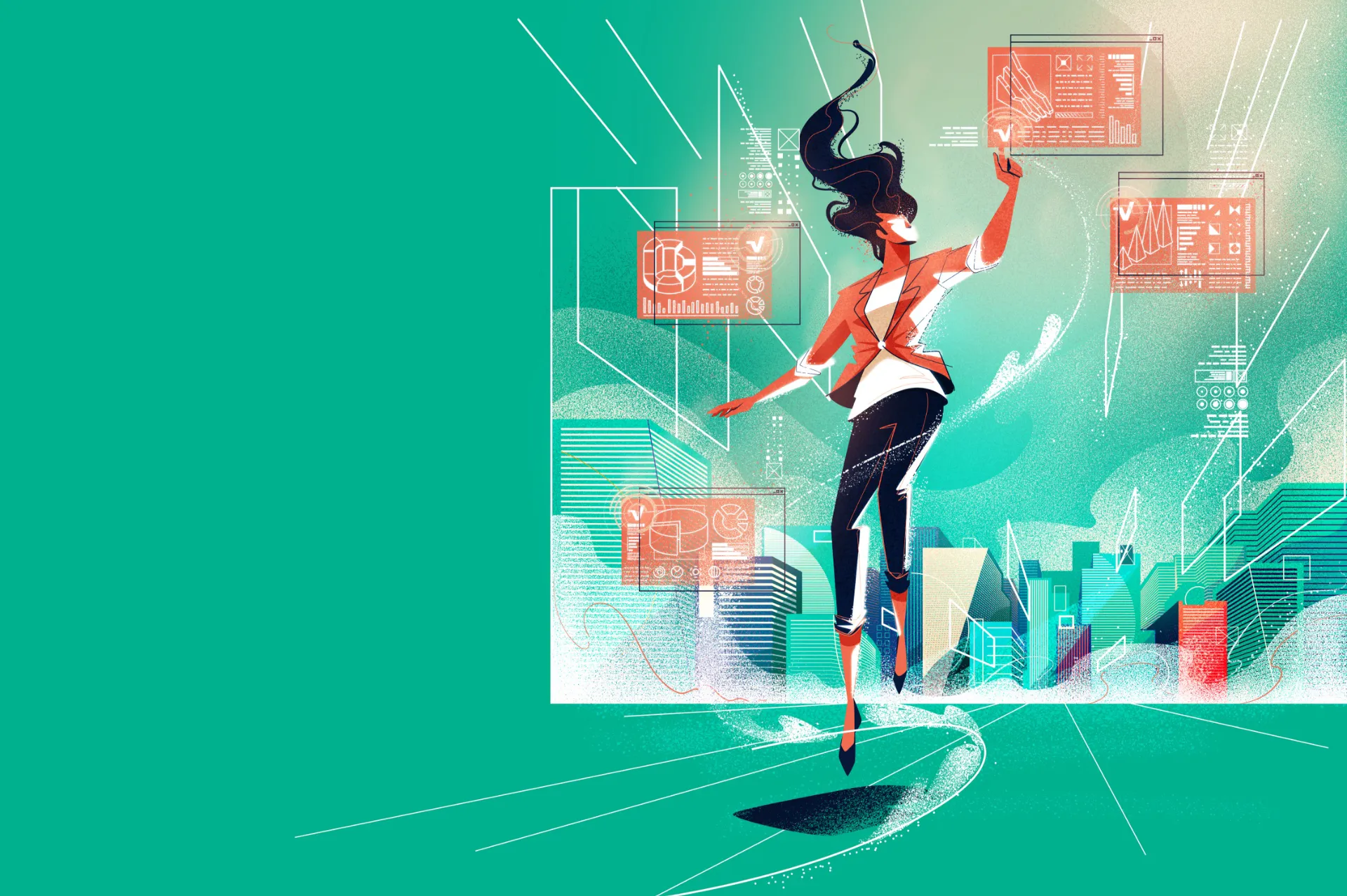 Illustration of a business professional interacting with floating data dashboards and analytics interfaces in a smart city environment, representing digital transformation and enterprise intelligence.