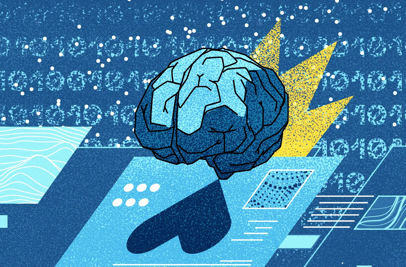 Illustration of a brain with digital binary code and data graphics on a textured blue background with a yellow lightning bolt.